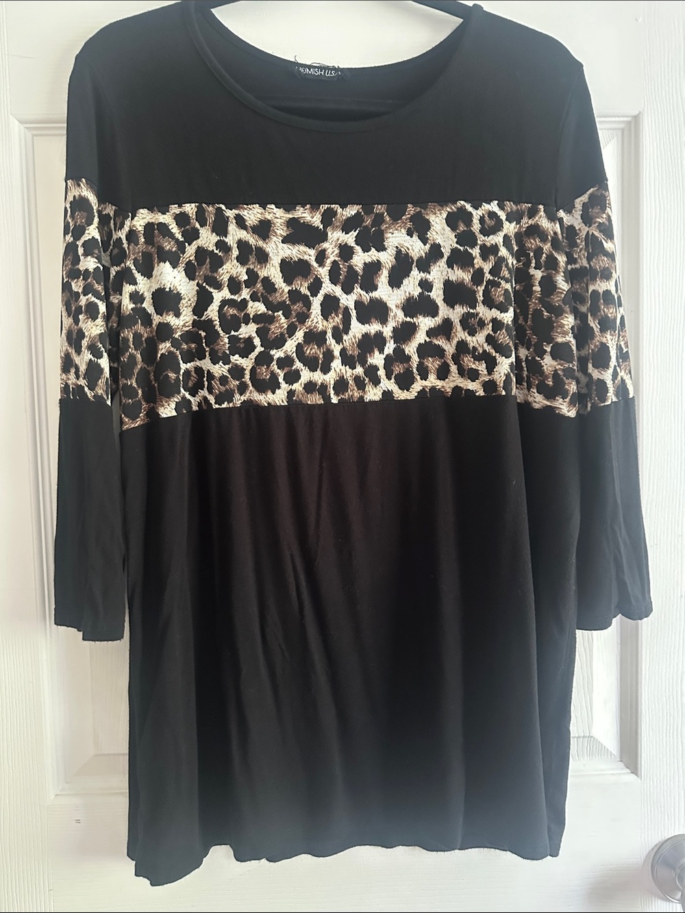 Hemish Black Swing 3/4 sleeve Top with Leopard Print Panel